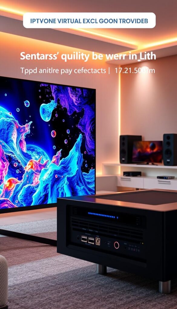 A vibrant and dynamic scene showcasing the streaming quality and performance metrics of the Hoxtoon Provider IPTV service. In the foreground, a large high-definition television displays a crystal-clear image, with vivid colors and intricate details. The middle ground features a sleek, modern media center with various connection ports and indicators, hinting at the technical capabilities powering the IPTV experience. In the background, a minimalist home entertainment setup, complete with mood lighting and premium audio equipment, creates an immersive and high-end atmosphere. The overall composition conveys a sense of technological sophistication, seamless integration, and a premium IPTV service that delivers an exceptional viewing experience.