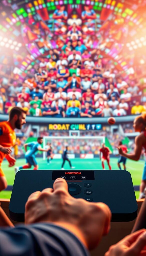 A vibrant and dynamic sports entertainment experience showcasing the diverse IPTV channels available on the Hoxtoon Provider platform. In the foreground, a group of athletes engaged in various sports - soccer, basketball, and tennis - demonstrating the breadth of content. The middle ground features a sleek and modern control interface, highlighting the user-friendly experience of navigating the Hoxtoon library. The background is a kaleidoscope of vivid colors, capturing the energy and excitement of live sports events. Soft, warm lighting illuminates the scene, creating a sense of immersion and visual appeal. Captured with a wide-angle lens to provide a comprehensive view of the comprehensive Hoxtoon IPTV offering.
