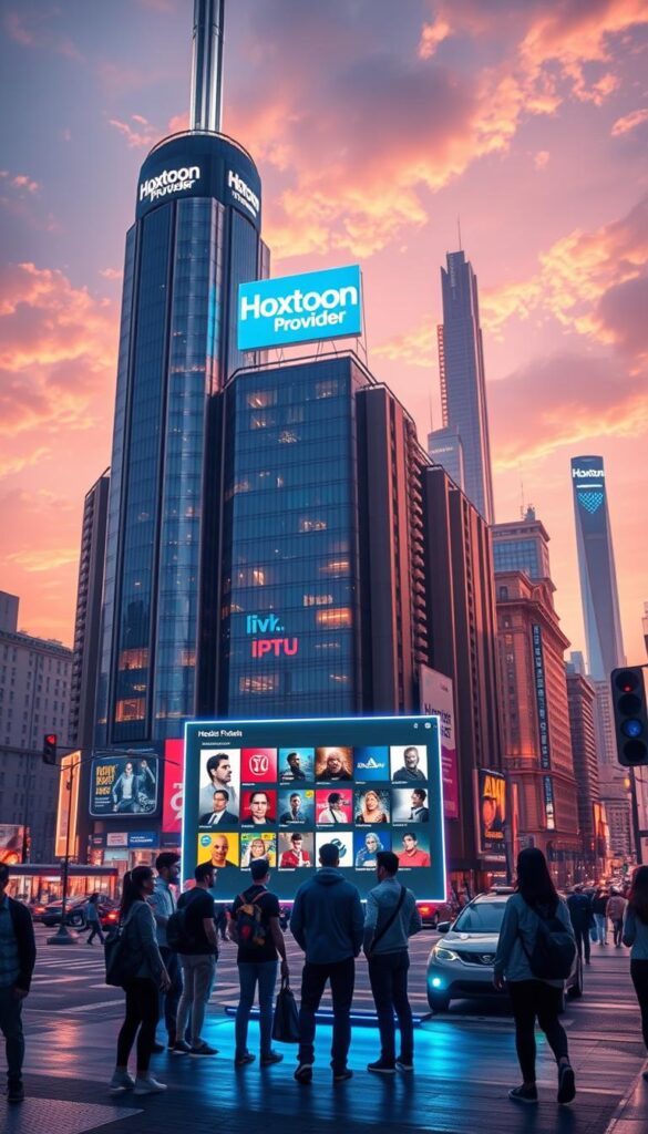 A vibrant and futuristic cityscape with a towering skyscraper featuring the "Hoxtoon Provider" brand prominently displayed on its facade. In the foreground, a group of people gathered around a large, holographic television screen showcasing an array of content options, their faces illuminated by the crisp, high-definition display. The middle ground features a bustling street with autonomous vehicles and pedestrians, all connected to the IPTV network. The background is dominated by a breathtaking skyline, with futuristic architectural designs and a vibrant, neon-lit atmosphere that conveys the cutting-edge nature of the IPTV service. The scene is bathed in a warm, cinematic lighting that enhances the sense of innovation and technological advancement.