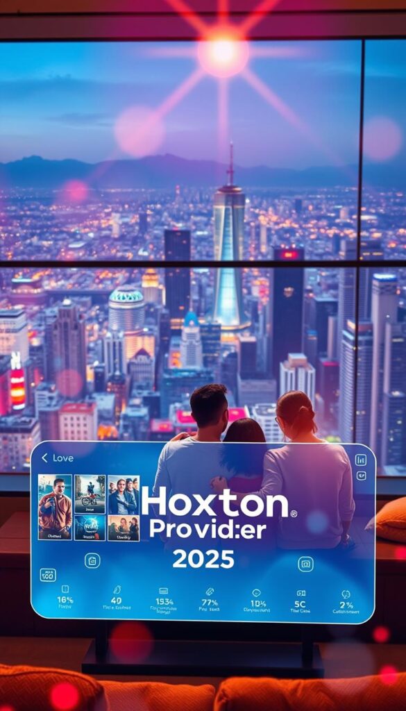 A vibrant and futuristic scene depicting the evolution of IPTV services in 2025. In the foreground, a sleek, holographic interface displays the Hoxtoon Provider brand, showcasing an array of content options. In the middle ground, a family gathers around a seamless, high-resolution display, immersed in a cinematic experience. The background features a panoramic cityscape, with skyscrapers and advanced infrastructure hinting at the technological advancements shaping the future of television entertainment. The scene is bathed in a warm, ambient lighting, creating a cozy and inviting atmosphere. Subtle lens flares and depth of field blur add a sense of realism and visual interest. A vibrant and futuristic scene depicting the evolution of IPTV services in 2025. In the foreground, a sleek, holographic interface displays the Hoxtoon Provider brand, showcasing an array of content options. In the middle ground, a family gathers around a seamless, high-resolution display, immersed in a cinematic experience. The background features a panoramic cityscape, with skyscrapers and advanced infrastructure hinting at the technological advancements shaping the future of television entertainment. The scene is bathed in a warm, ambient lighting, creating a cozy and inviting atmosphere. Subtle lens flares and depth of field blur add a sense of realism and visual interest.
