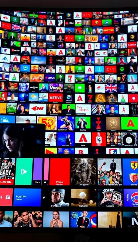 A vibrant and immersive IPTV control panel, showcasing the diverse content library of Hoxtoon Provider. The foreground displays a sleek, modern interface with dynamic tiles representing various channel categories, from news and sports to movies and entertainment. The middle ground features a grid of thumbnails highlighting popular live channels, each with a clear, high-definition preview. In the background, a dynamic visualization of the vast 21,000+ channel selection, rendered in a stylized, abstract manner that conveys the sheer scale and breadth of Hoxtoon's content offering. The overall scene is bathed in a warm, inviting color palette, with subtle lighting effects that create a sense of depth and immersion, reflecting the user-friendly and comprehensive nature of the Hoxtoon IPTV service.