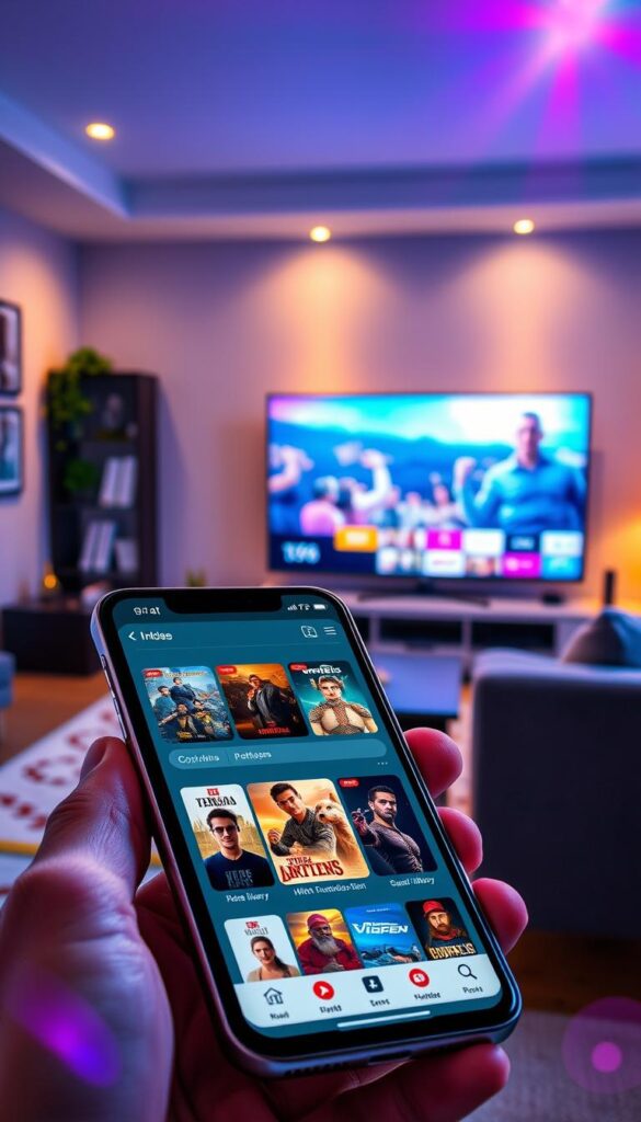 A vibrant and immersive IPTV streaming experience on a sleek, high-resolution display. In the foreground, a modern smartphone showcases the Hoxtoon Provider IPTV Gold Premium APK interface, its intuitive menu and rich media library. The middle ground features a living room setting, with a comfortable couch and smart TV displaying crystal-clear, high-definition content. The background is softly lit, creating a warm, cinematic atmosphere that enhances the viewing pleasure. Subtle lens flares and depth of field blur add a touch of professional cinematography, perfectly capturing the premium, seamless streaming quality of the IPTV Gold Premium APK.
