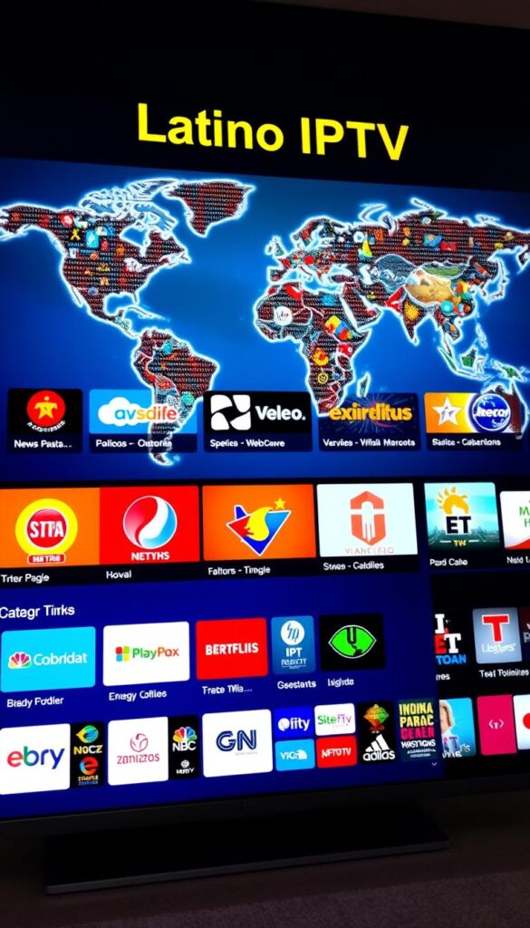 A vibrant and immersive display of Latino IPTV channels, showcasing a diverse array of content. In the foreground, a sleek and modern smart TV is prominently featured, its screen illuminated by a curated selection of vibrant channel logos and icons. The middle ground depicts a dynamic and engaging user interface, showcasing the breadth of the Hoxtoon Provider's content library, with categories ranging from news and sports to entertainment and lifestyle. In the background, a stylized world map serves as a subtle reminder of the global reach and accessibility of the IPTV service. The overall scene exudes a sense of technological sophistication, cultural richness, and the promise of an elevated TV viewing experience.