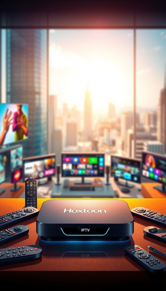 A vibrant and immersive illustration of IPTV streaming services, showcasing the Hoxtoon Provider platform. In the foreground, a sleek and modern streaming device prominently displays the Hoxtoon logo, surrounded by a array of remote controls and other connected devices. The middle ground features a colorful and dynamic interface, with various channels and content options displayed on multiple screens. In the background, a blurred cityscape provides a sense of urban connectivity, hinting at the expansive reach and versatility of the IPTV services. Bright, natural lighting casts a warm glow over the scene, creating an inviting and user-friendly atmosphere. The overall composition conveys the high-quality streaming experience and reliable performance of the Hoxtoon Provider IPTV solution.