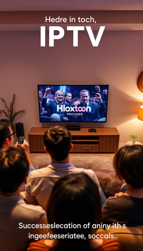 A vibrant and immersive scene showcasing user experiences with IPTV. In the foreground, a group of people gather around a large flatscreen TV, engrossed in a captivating movie or live event. Soft lighting illuminates their faces, conveying a sense of wonder and delight. In the middle ground, a sleek and modern entertainment center prominently displays the Hoxtoon Provider logo, highlighting the seamless integration of their IPTV service. The background features a cozy living room setting, with plush furniture and warm, inviting tones that create a comfortable, homely atmosphere. The overall composition conveys the ease, versatility, and enjoyment of using Hoxtoon IPTV, reflecting the success stories of satisfied customers.