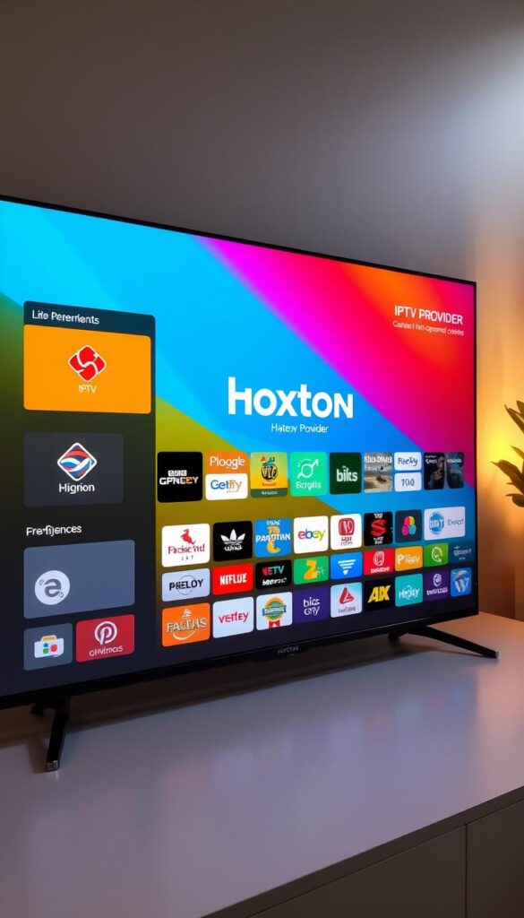 A vibrant and modern IPTV subscription service interface, featuring the Hoxtoon Provider brand prominently displayed. In the foreground, a sleek and intuitive dashboard showcases a curated selection of live TV channels, on-demand content, and user preferences. The middle ground depicts a collage of high-definition channel logos, streaming seamlessly across the screen. In the background, a subtle gradient adds depth and sophistication, while strategic lighting creates a warm, inviting atmosphere. The overall composition conveys the reliability, versatility, and user-friendly experience of the Hoxtoon IPTV service.