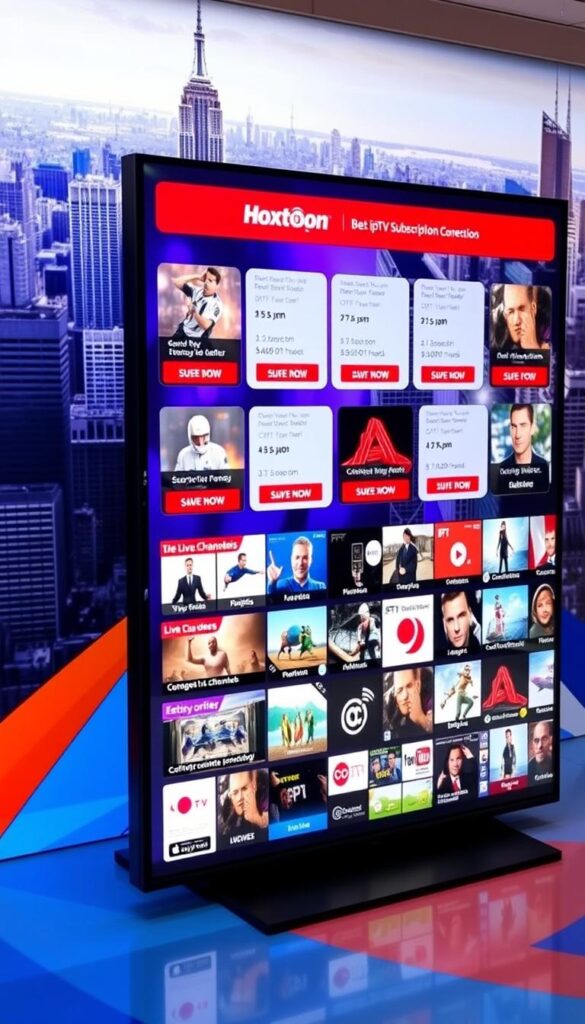 A vibrant and modern digital display showcasing a variety of IPTV subscription deals, prominently featuring the Hoxtoon Provider brand. In the foreground, a sleek and minimalist user interface highlights various package options, subscription lengths, and pricing tiers. The middle ground features a grid of thumbnails showcasing the breadth of live channels available, ranging from news and sports to entertainment and niche content. The background depicts a dynamic cityscape, hinting at the global reach and comprehensive nature of the Hoxtoon IPTV service. The overall scene conveys a sense of technological sophistication, customer choice, and the vast possibilities of a premium IPTV experience.