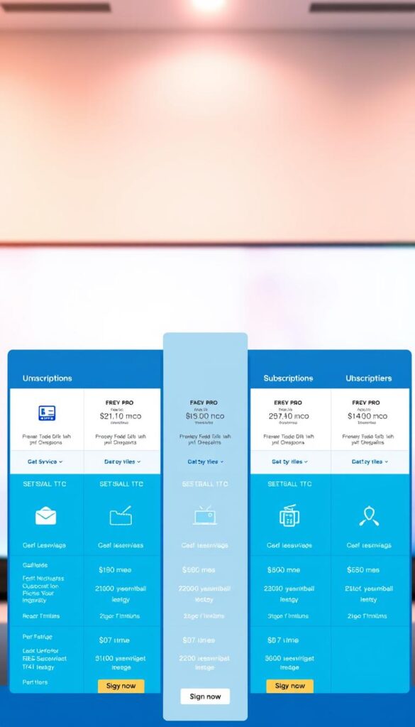 A vibrant and modern interface depicting Hoxtoon Provider's IPTV subscription plans. In the foreground, a sleek grid layout showcases various subscription tiers, each with clear pricing details and feature highlights. The middle ground features bold iconography and a minimalist color palette of blues, grays, and whites, creating a sophisticated and tech-savvy aesthetic. The background is a soft, blurred gradient, allowing the subscription details to take center stage. Subtle lighting from the top casts a warm glow, enhancing the premium feel. The overall composition is balanced, clean, and designed to convey Hoxtoon's reliable and high-quality IPTV services.