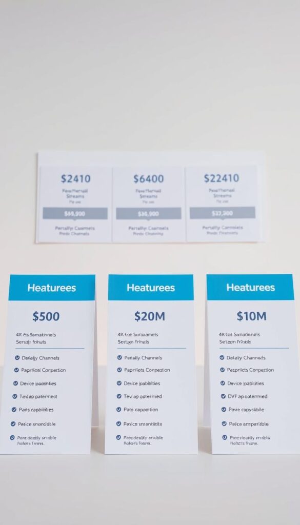 A vibrant and organized display of Hoxtoon Provider's pricing plans, captured in a clean, modern aesthetic. The foreground features a series of sleek, minimalist plan cards, each showcasing the service details, including the number of channels, simultaneous streams, and monthly costs. The middle ground highlights the key features of the plans, such as 4K streaming, DVR capabilities, and device compatibility, presented in a clear and concise manner. The background maintains a soft, neutral tone, allowing the plan information to take center stage. The overall composition conveys a sense of professionalism and clarity, making it easy for viewers to understand the Hoxtoon Provider's pricing structure at a glance.