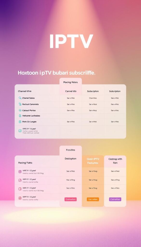 A vibrant and professional-looking illustration of various IPTV subscription plans offered by the Hoxtoon Provider. The image should feature a clean, minimalist design with distinct pricing tiers and plan details prominently displayed. Depict different packages with varying channel counts, device limits, and other features using clear icons and typography. Set the scene against a soft, gradient background that conveys a sense of trust and reliability associated with the Hoxtoon brand. Use a warm, natural lighting setup to create a welcoming and approachable atmosphere. Ensure the overall composition is balanced, visually appealing, and effectively communicates the key information about Hoxtoon's IPTV subscription offerings.