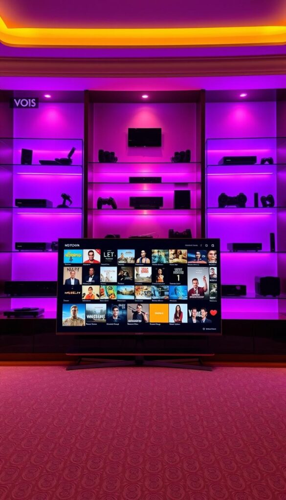 A vibrant and visually captivating backdrop showcasing the expansive VOD collection from the Hoxtoon Provider. In the foreground, a sleek and modern television displays a diverse array of video thumbnails, inviting the viewer to explore the vast library of entertainment options. The middle ground features elegant shelving units adorned with various streaming devices, reflecting the versatility of the Hoxtoon platform. The background is illuminated by warm, ambient lighting, creating a cozy and welcoming atmosphere. The overall composition exudes a sense of sophistication and technological prowess, perfectly encapsulating the premium experience Hoxtoon offers its users.