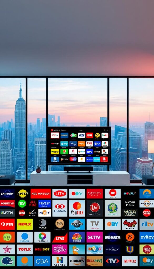 A vibrant and visually compelling image showcasing the diverse channel offerings of the Hoxtoon IPTV provider in the USA. The foreground features a neatly arranged grid of colorful channel logos, representing the breadth of content available, from news and sports to movies and entertainment. The middle ground depicts a sleek, modern living room setting, with a large flatscreen TV prominently displaying an eye-catching IPTV interface. The background seamlessly blends a cityscape skyline with subtle hues of red, white, and blue, evoking a sense of American pride and accessibility. Crisp, high-definition lighting and a slight cinematic depth-of-field create a professional, premium atmosphere. This image effectively conveys the channel diversity and high-quality IPTV service offered by the Hoxtoon Provider.