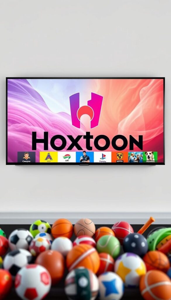 A vibrant array of IPTV sports channels, prominently displayed on a sleek, modern interface. The Hoxtoon Provider logo stands out against a minimalist background, subtly hinting at the comprehensive content available. In the foreground, a selection of popular sports event icons - soccer, basketball, tennis, and more - create a sense of anticipation. The overall composition evokes a sense of convenience and accessibility, inviting the viewer to explore the wealth of live sports streaming options at their fingertips.