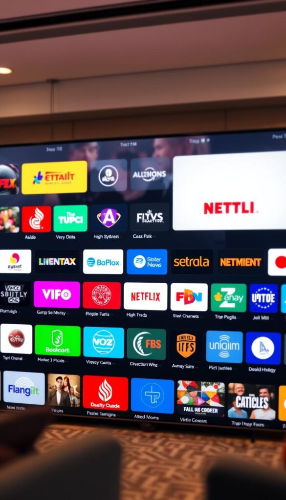 A vibrant array of high-definition television channels, showcasing the diverse offerings of the Hoxtoon Provider. The scene depicts a sleek, modern user interface, with crisp, colorful channel logos and elegant typography floating against a backdrop of a gently blurred, atmospheric living room setting. Warm, diffused lighting creates a welcoming ambiance, while a subtle depth of field emphasizes the focal point of the interface. The overall impression conveys a premium, immersive viewing experience tailored to the discerning tastes of Hoxtoon's subscribers.