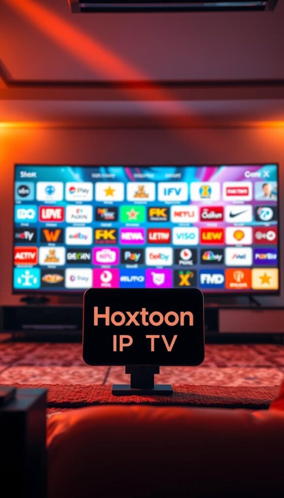 A vibrant, cinematic scene depicting the evolution of television from traditional cable to the cutting-edge world of premium IPTV services. In the foreground, a Hoxtoon Provider logo prominently displayed, symbolizing the future of content consumption. The middle ground showcases a diverse array of high-quality 4K channels, their logos and graphics reflecting the depth and breadth of the IPTV offering. In the background, a sleek, futuristic living room setting with a large, state-of-the-art television screen, immersing the viewer in the seamless integration of premium IPTV into the modern home. The lighting is warm and inviting, creating a sense of comfort and technological sophistication. The overall atmosphere conveys the excitement and innovation of the evolving television landscape.