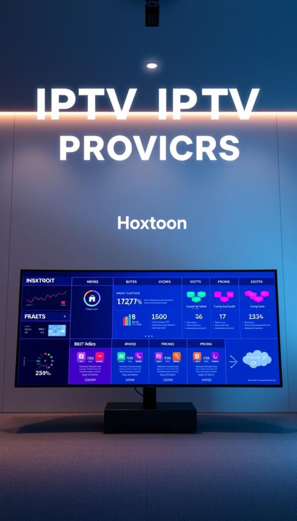 A vibrant, data-rich comparison of leading IPTV providers, featuring a central display showcasing the "Hoxtoon Provider" brand surrounded by detailed metrics and visual cues. The foreground presents a sleek, modern interface with intuitive layout and clear data visualization. The middle ground highlights performance statistics, channel counts, and pricing details in a well-organized grid. The background offers a subtle, minimalist environment with clean lines and muted tones, allowing the key information to take center stage. Lighting is soft and directional, creating depth and emphasizing the clarity of the content. The overall mood is professional, informative, and visually compelling, inviting the viewer to explore the comparative advantages of the IPTV services.