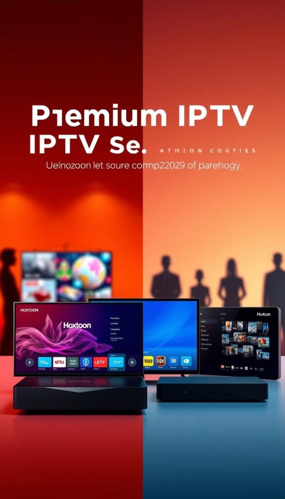 A vibrant, dynamic comparison of premium IPTV services featuring the Hoxtoon Provider brand. Sleek devices in the foreground showcase Hoxtoon's extensive channel lineup and user-friendly interface, contrasted against blurred silhouettes of competing providers in the background. The scene is illuminated by warm, diffused lighting, creating an inviting and professional atmosphere. Subtle gradient overlays add depth and visual interest, while a clean, minimalist layout emphasizes the key details. The overall composition conveys the reliability, value, and cutting-edge technology of the Hoxtoon IPTV solution.