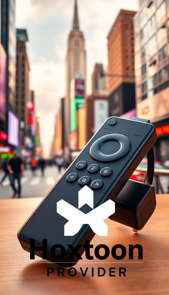 A vibrant firestick device prominently displayed, its glowing red buttons and sleek black exterior contrasting against a backdrop of a bustling urban cityscape. In the foreground, the "Hoxtoon Provider" logo is subtly integrated, alluding to the rise of IPTV services in the United States. The scene is illuminated by warm, natural lighting, creating a sense of accessibility and approachability. The overall composition conveys the growing popularity and accessibility of IPTV technology, particularly for Firestick users in the USA.