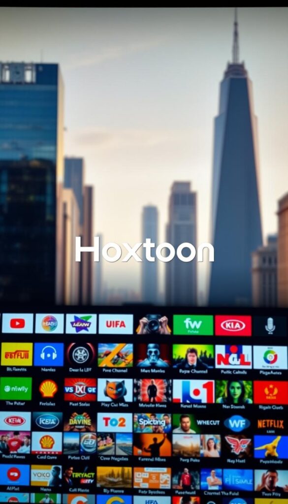A vibrant, high-definition image of an IPTV channel package selection screen. In the foreground, a sleek and modern user interface showcases rows of channel logos, neatly organized and presented with a clean, minimalist design. The middle ground features detailed thumbnails of various live TV channels, ranging from news and sports to movies and entertainment. In the background, a soft, blurred cityscape with towering skyscrapers sets the scene, conveying a sense of urban sophistication. The overall lighting is warm and natural, creating a visually appealing and immersive experience. The Hoxtoon Provider brand name is prominently displayed, indicating the high-quality and comprehensive nature of the IPTV service.