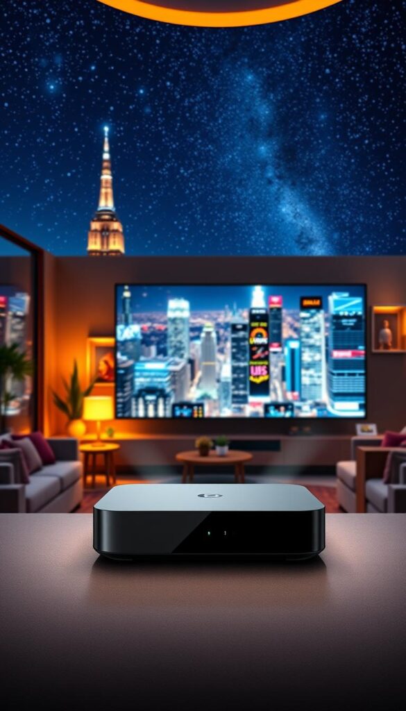 A vibrant, high-quality IPTV streaming experience with the Hoxtoon Provider. In the foreground, a sleek, modern streaming device projects a crystal-clear, high-definition image onto a large, cinematic display. The middle ground features a cozy living room setting, with plush furniture and warm lighting, creating an immersive and comfortable viewing environment. In the background, a dynamic cityscape with towering skyscrapers and a night sky filled with twinkling stars, suggesting the expansive content library available through the Hoxtoon Provider. The entire scene exudes a sense of technological sophistication, visual clarity, and the promise of endless entertainment.
