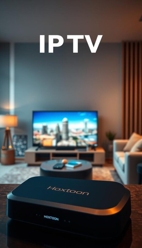 A vibrant, high-quality IPTV streaming scene featuring the Hoxtoon Provider brand. In the foreground, a sleek, modern streaming device displays crystal-clear video playback, showcasing the exceptional streaming capabilities. The middle ground depicts a cozy living room setup, with a large, high-definition television and comfortable seating, creating an immersive viewing experience. The background features a cityscape, hinting at the global reach and accessibility of the Hoxtoon IPTV service. The lighting is warm and inviting, with soft, directional illumination accentuating the technical details. The overall composition conveys a sense of seamless, reliable, and enjoyable IPTV streaming for the discerning viewer.