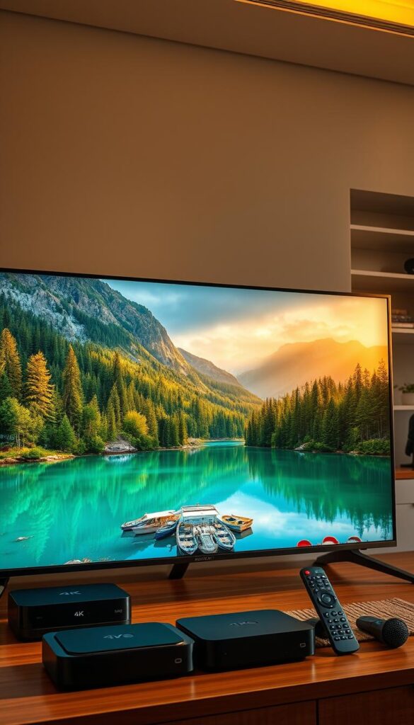 A vibrant, high-quality display showcasing the technical prowess of the Hoxtoon Provider IPTV service. A 4K UHD television set dominates the foreground, its screen displaying a breathtaking nature scene with lush forests and crystal-clear lakes. Sleek, modern devices like streaming boxes and smart remotes are neatly arranged around the TV, hinting at the seamless integration of Hoxtoon's extensive channel lineup and on-demand library. The lighting is warm and natural, casting a soft glow that enhances the premium feel of the setup. In the background, a minimalist home entertainment center provides ample storage and organization, complementing the high-tech, yet elegant aesthetic. The overall composition conveys the exceptional streaming quality and robust functionality that Hoxtoon delivers to its subscribers.