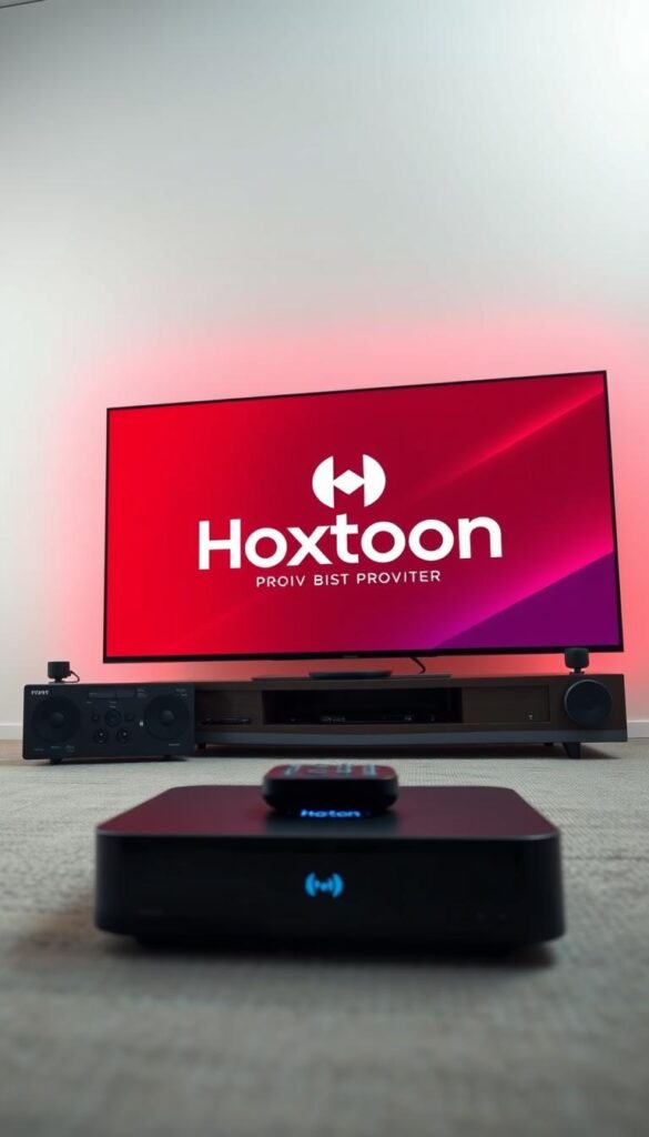 A vibrant, high-quality image of the "best iptv subscription" with a modern, sleek design. Showcase the Hoxtoon Provider brand prominently, featuring their logo and branding elements. The image should convey a sense of reliability, high-performance, and value for money. Depict the vast channel selection, extensive on-demand library, and multi-device support offered by Hoxtoon's IPTV subscription. Use a crisp, clean studio lighting setup with a soft, neutral background to make the key elements stand out. Capture the image from a slightly low angle to give it an authoritative, premium feel. The overall composition should be visually striking and compelling, making the viewer immediately understand why Hoxtoon offers the best IPTV subscription in the USA.