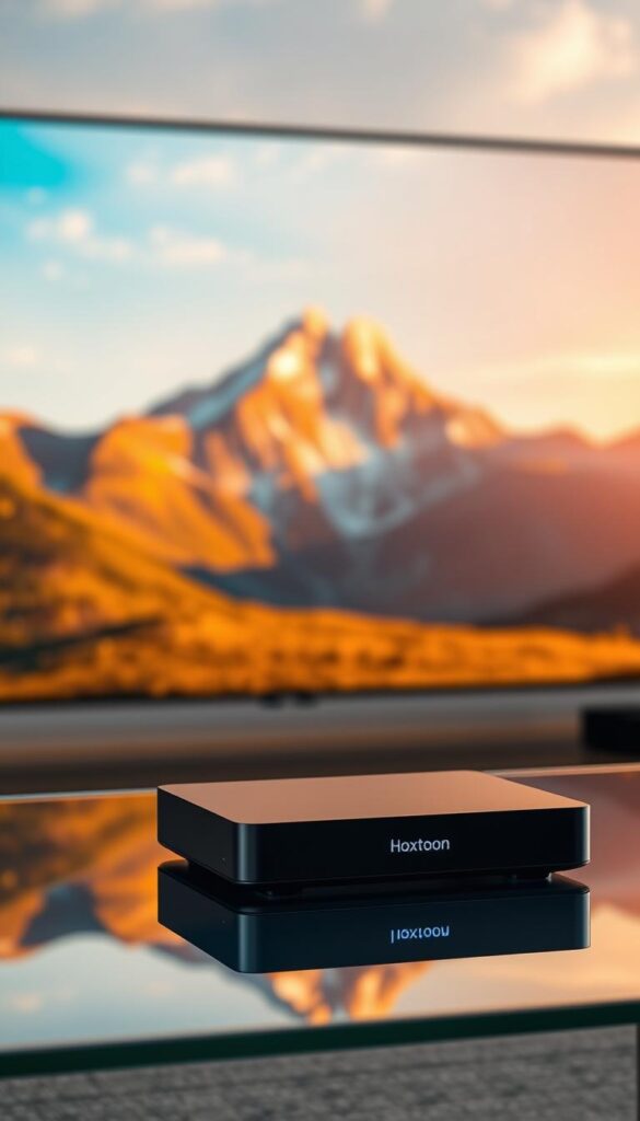 A vibrant, high-resolution 4K display showcases the Hoxtoon Provider IPTV4K streaming service. The screen depicts a lush, photorealistic landscape with a striking mountain range in the background, bathed in warm, golden light. In the foreground, a sleek, modern streaming device rests on a minimalist glass table, its LED indicators pulsing with activity. The entire scene is captured with a shallow depth of field, creating a sense of depth and focus on the central streaming device. The atmosphere is one of technological sophistication and immersive entertainment, inviting the viewer to experience the power of IPTV4K streaming.