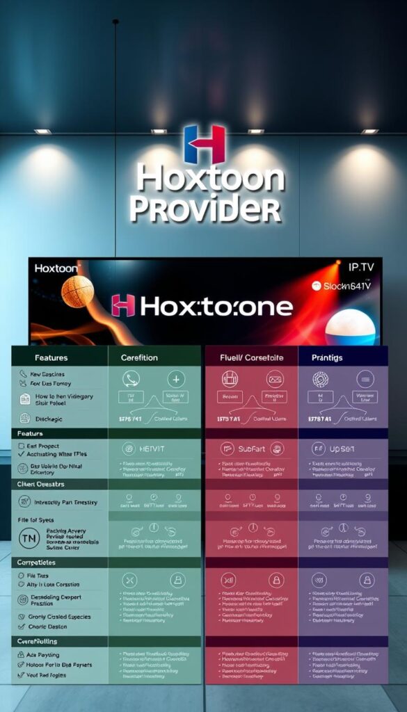 A vibrant, high-resolution comparison of IPTV services, showcasing the Hoxtoon Provider alongside its competitors. Set against a sleek, modern backdrop, the Hoxtoon Provider logo prominently displayed, with detailed charts, graphs, and icons highlighting the key features and benefits of each service. The image should convey a sense of professionalism, attention to detail, and the clear advantages Hoxtoon Provider offers over the competition, all captured through a cinematic, well-lit, and visually striking composition.