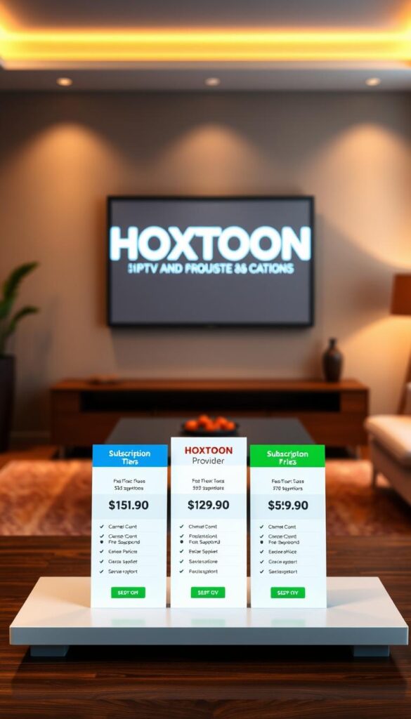 A vibrant, high-resolution image of HOXTOON Provider's IPTV subscription plans. In the foreground, a clean table display showcases three distinct subscription tiers, each with its own pricing, channel count, and device support details. The middle ground features a stylized HOXTOON logo, conveying the brand's professionalism and reliability. The background depicts a sleek, modern living room setting, with warm lighting and a minimalist color palette that complements the overall design. The image exudes a sense of affordability, accessibility, and the premium quality of HOXTOON's IPTV services.