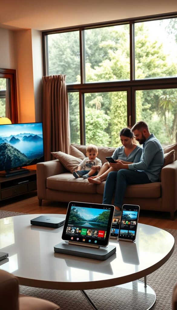 A vibrant living room scene with a family gathered around multiple devices, seamlessly streaming content from the Hoxtoon Provider service. In the foreground, a 4K smart TV takes center stage, its screen filled with a captivating nature documentary. Nearby, a tablet and a smartphone are propped up on a sleek, minimalist coffee table, each displaying different streaming interfaces. The middle ground features a cozy sofa where a couple and their young child sit, utterly engrossed in their respective devices. Warm, indirect lighting filters through the room, creating a cozy, inviting atmosphere. The background showcases large windows, offering a glimpse of a lush, verdant outdoor scene, suggesting the family's ability to enjoy premium entertainment while also connecting with the natural world.