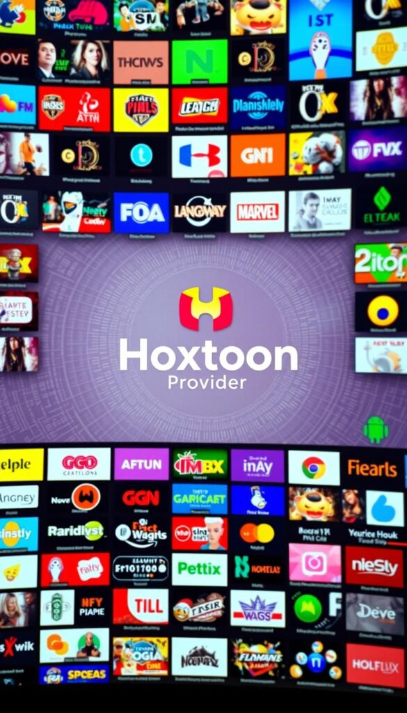 A vibrant mosaic of IPTV channels displayed on a sleek, futuristic interface. In the foreground, a collection of channel logos and thumbnails arranged in a visually captivating grid, each offering a glimpse into the diverse content available. The middle ground features a prominent Hoxtoon Provider logo, showcasing the premium IPTV service. The background is a subtle, technologically-inspired pattern, suggesting the cutting-edge nature of the platform. Soft, warm lighting creates a inviting atmosphere, while the overall composition conveys a sense of depth, balance, and attention to detail. The scene reflects the rich content categories and programming diversity that the IPTV premium app offers.