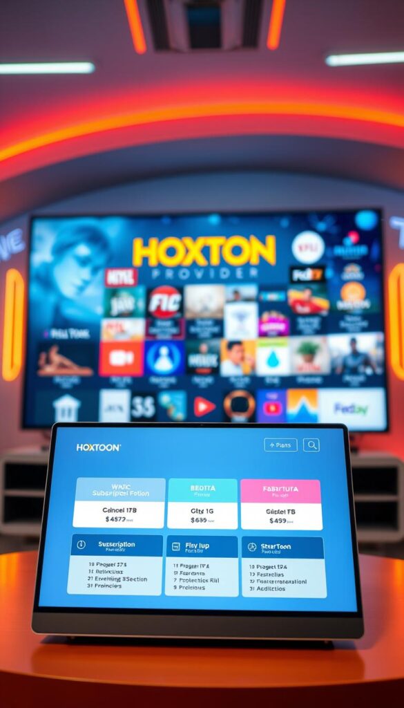 A vibrant, premium-looking image showcasing Hoxtoon Provider's subscription plans. In the foreground, a sleek, modern device like a smart TV or streaming box displays the Hoxtoon logo and subscription plan details in a clean, minimal UI. In the middle ground, a collage of icons and graphics representing the various features and channels included in the plans. In the background, a stylish, high-tech environment with futuristic elements like digital displays, neon accents, and subtle lighting effects to convey a sense of cutting-edge technology. The overall composition should be visually striking, conveying the premium quality and value of Hoxtoon's IPTV offerings.
