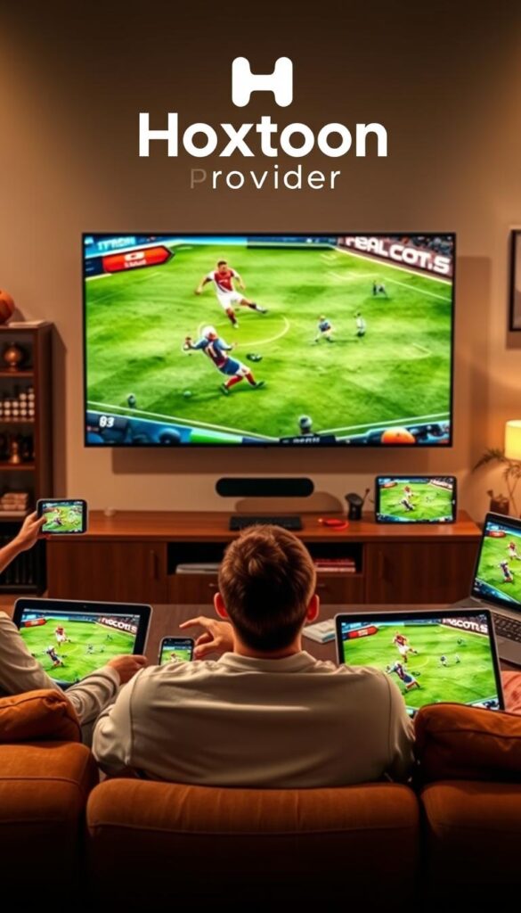 A vibrant scene of sports streaming across multiple devices, with the Hoxtoon Provider logo prominently displayed. In the foreground, a large flat-screen TV showcases a live football match, its crisp, high-definition image captivating the viewer. Surrounding the TV, a tablet, a smartphone, and a laptop all display the same game, highlighting Hoxtoon's multi-device compatibility. The middle ground features a cozy living room setting, with plush furniture and warm lighting creating a comfortable atmosphere for sports enthusiasts. In the background, subtle hints of sports memorabilia and décor add to the immersive, sports-centric ambiance. The overall scene conveys the seamless, high-quality streaming experience that Hoxtoon Provider offers, catering to the needs of modern sports fans.