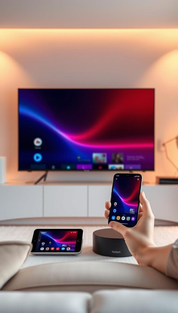 A vibrant, seamless display of digital harmony. A living room setup showcases a smart TV, tablet, and smartphone, all effortlessly synced under the Hoxtoon Provider ecosystem. Warm lighting subtly accentuates the devices, while a minimalist, modern aesthetic permeates the scene. Elegant curves and clean lines convey a sense of refined technology. The devices appear to float, highlighting their wireless connectivity and responsive user experiences. An atmosphere of versatility and control emanates, inviting the viewer to immerse themselves in a truly integrated, multi-device compatible entertainment landscape.