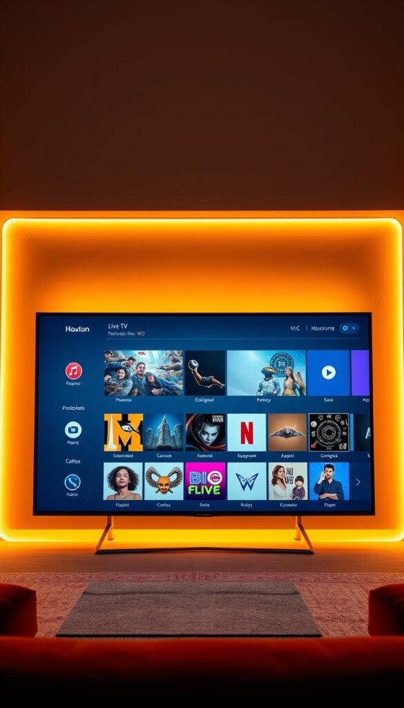 A vibrant, seamless user interface for a smart IPTV guide, showcasing the Hoxtoon Provider's intuitive navigation. Sleek and modern design with a clean layout, featuring a central grid of channel thumbnails. Elegant icons and menus for easy access to live TV, on-demand content, and customization options. Warm, subtle lighting illuminates the interface, creating a welcoming and visually appealing experience. The guide is presented from a slightly high, cinematic angle, emphasizing its user-friendly and comprehensive nature. The overall atmosphere conveys a sense of effortless control and enjoyment of the IPTV service.