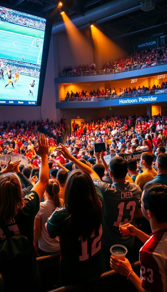 A vibrant sports arena filled with enthusiastic fans watching an array of live sports events on a massive IPTV screen. In the foreground, a group of friends cheering and high-fiving as they engage with the thrilling action on the screen. In the middle ground, a diverse crowd of spectators, some wearing team jerseys, others enjoying refreshments, all captivated by the live sports coverage. The background features the sleek and modern Hoxtoon Provider branding, showcasing its commitment to delivering the ultimate IPTV sports experience. The scene is bathed in warm, dynamic lighting, creating an atmosphere of excitement and energy.