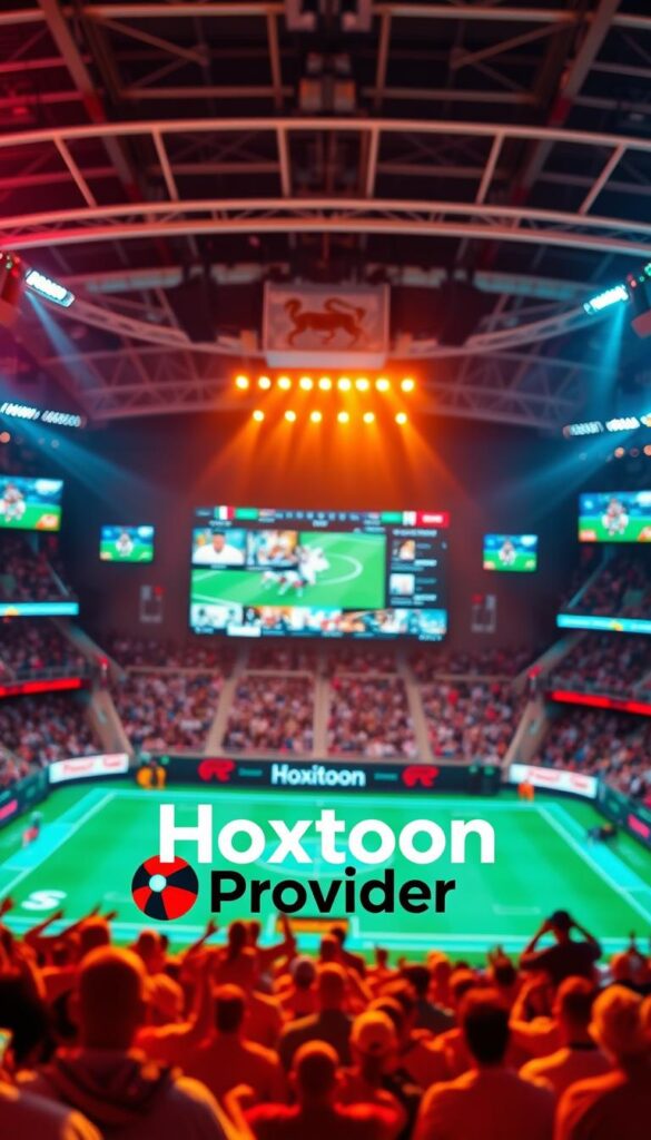 A vibrant sports arena with a dynamic display of live IPTV channels showcasing a variety of sporting events. The scene is illuminated by warm, directional lighting, creating a sense of energy and excitement. In the foreground, the Hoxtoon Provider logo is prominently displayed, signaling the availability of these sports channels. The middle ground features a large screen displaying various sports programming, surrounded by a sleek, modern interface. The background contains blurred silhouettes of enthusiastic fans, further emphasizing the lively atmosphere. The overall composition conveys the thrill and accessibility of IPTV sports channels provided by the Hoxtoon Provider.