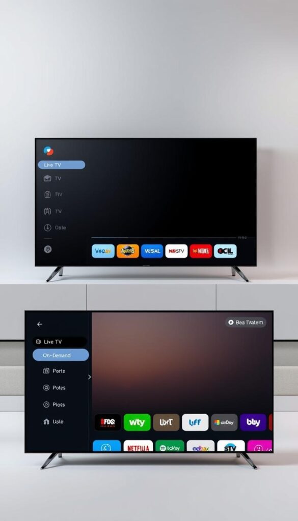 A visually appealing and user-friendly IPTV interface designed by the Hoxtoon Provider. In the foreground, a sleek and intuitive navigation menu with crisp icons and clearly labeled options for live TV, on-demand content, settings, and more. The middle ground showcases a large, high-quality video player with smooth playback and intuitive controls. The background features a clean, minimalist design with subtle gradients and muted colors, creating a calming and distraction-free viewing experience. The lighting is soft and balanced, highlighting the interface's clarity and accessibility. The camera angle is slightly elevated, providing an inviting and expansive perspective of the user-centric design.