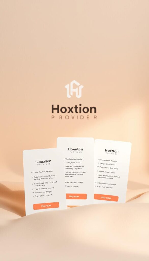 A visually appealing, minimalist representation of the "Hoxtoon Provider" subscription plans. The foreground features three sleek, rectangular plan cards, each showcasing the plan name, key features, and pricing in a clean, easy-to-read layout. The cards are positioned on a soft, neutral-toned background, with subtle, warm lighting creating a sense of depth and sophistication. The middle ground features a simple, abstract logo or icon representing the "Hoxtoon Provider" brand, while the background is a muted, textured surface, giving the overall image a cohesive, premium feel. The composition is balanced and visually harmonious, allowing the subscription plan details to take center stage.