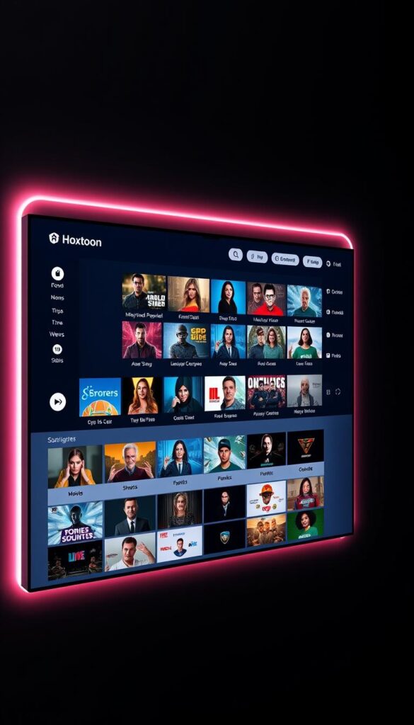 A visually captivating and intuitive user interface for the Hoxtoon Provider IPTV service. A sleek, modern design with a clean layout and easy-to-navigate menus. The main screen showcases a grid of popular live channels, with high-quality thumbnails and clear channel names. The side menu offers quick access to categories like Movies, Sports, News, and more. Subtle lighting accents highlight the refined aesthetics, creating a premium, immersive viewing experience. Dynamic transitions between screens and seamless content browsing reflect the service's user-friendly approach. An elegant, yet powerful platform that caters to the diverse entertainment needs of modern IPTV users.