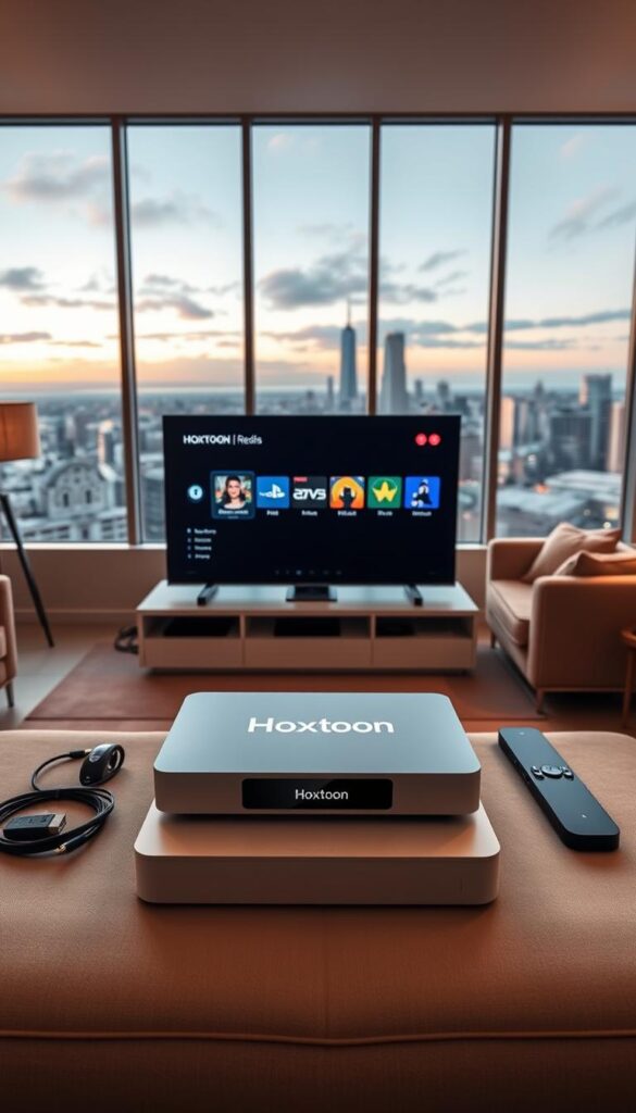 A visually engaging setup guide for the Hoxtoon Provider IPTV service. Showcase a sleek, modern living room scene with a large, high-definition TV screen displaying the Hoxtoon interface. In the foreground, place a minimalist, state-of-the-art media center or streaming device prominently featuring the Hoxtoon branding. Surround it with essential setup components like cables, remotes, and a mobile device for account management. The middle ground should depict a cozy, well-lit environment with plush seating and subtle decor elements. The background should feature large windows overlooking a scenic urban landscape, establishing a sense of comfort and technology-enabled entertainment. Capture the guide with a wide, cinematic angle and a soft, warm lighting scheme to convey a welcoming, user-friendly atmosphere.