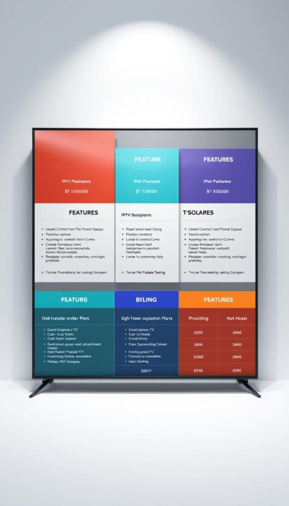A visually striking and informative illustration of Hoxtoon Provider's IPTV subscription plans, showcased against a clean, minimalist background. The plans are presented in a grid layout, each plan highlighted with a distinct color scheme, clean typography, and concise details on features and pricing. The overall composition conveys a sense of professionalism, clarity, and attention to detail, reflecting the high-quality services offered by Hoxtoon Provider. The lighting is soft and even, casting a subtle glow on the plans, while the camera angle provides a balanced, symmetrical perspective. The atmosphere is one of sophistication and trustworthiness, inviting the viewer to explore the various IPTV options available.