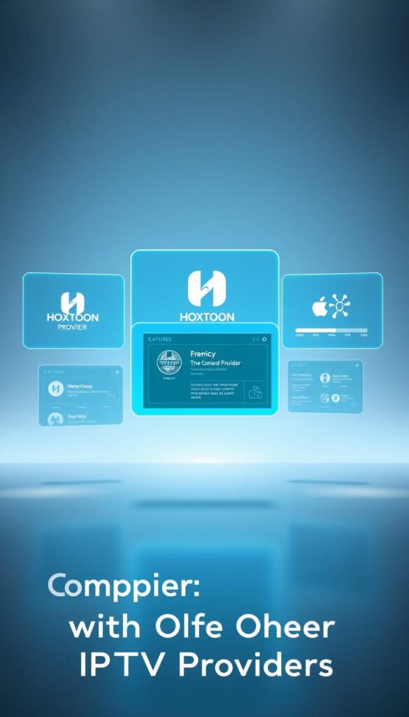 A visually striking comparison of IPTV providers, showcasing the features and capabilities of the Hoxtoon Provider against a sleek, high-tech backdrop. The scene depicts three floating holographic interfaces, each displaying the logo and key information of a different IPTV service. Hoxtoon Provider's interface is prominently featured, its intuitive design and expansive content library highlighted. Soft, diffused lighting illuminates the scene, creating a sense of depth and emphasizing the futuristic, digital atmosphere. The overall composition conveys a sense of authority, professionalism, and technological sophistication, perfectly suited to illustrate the "Comparing Hoxtoon with Other IPTV Providers" section.