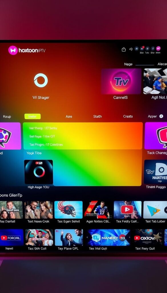 A visually striking electronic program guide (EPG) interface for the Hoxtoon IPTV provider. A sleek, intuitive design with a clean, modern aesthetic. The EPG presents a grid of channel listings and program details, with a clear focus on legibility and usability. Vibrant, high-contrast colors create a visually appealing and easily navigable display. Subtle gradients and soft lighting lend a sense of depth and dimensionality. The layout is well-organized, with prominent channel icons and program titles. The overall effect is a sophisticated, user-friendly EPG that enhances the Hoxtoon IPTV viewing experience.