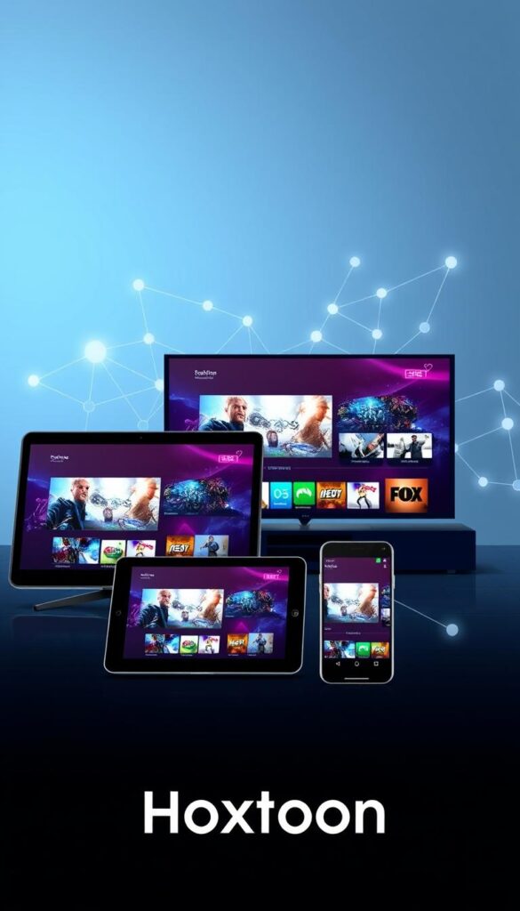 A visually striking illustration of multi-device compatibility, showcasing an array of modern electronic devices seamlessly connected and streaming content from the Hoxtoon Provider platform. In the foreground, a sleek smart TV, tablet, and smartphone are arranged in a harmonious composition, their screens displaying vibrant, high-quality video. The middle ground features a stylized, futuristic network of interconnected lines and glowing nodes, representing the seamless integration and responsiveness of the Hoxtoon ecosystem. The background subtly depicts a minimalist, high-tech environment, with clean lines and a cool color palette that enhances the sense of advanced technology and user-centric design. The overall mood is one of effortless connectivity, cutting-edge innovation, and a premium user experience. A visually striking illustration of multi-device compatibility, showcasing an array of modern electronic devices seamlessly connected and streaming content from the Hoxtoon Provider platform. In the foreground, a sleek smart TV, tablet, and smartphone are arranged in a harmonious composition, their screens displaying vibrant, high-quality video. The middle ground features a stylized, futuristic network of interconnected lines and glowing nodes, representing the seamless integration and responsiveness of the Hoxtoon ecosystem. The background subtly depicts a minimalist, high-tech environment, with clean lines and a cool color palette that enhances the sense of advanced technology and user-centric design. The overall mood is one of effortless connectivity, cutting-edge innovation, and a premium user experience.