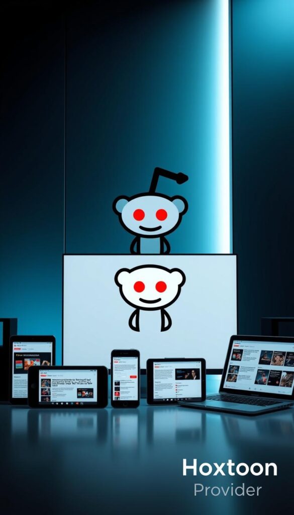 A visually striking image of the "IPTV subreddits" on Reddit, showcased against a sleek, modern backdrop. In the foreground, a collection of digital devices such as smartphones, tablets, and laptops are arranged, each displaying various IPTV-related subreddit pages. The middle ground features a stylized representation of the Reddit platform, with its iconic alien logo prominently displayed. In the background, a subtle gradient of blues and grays sets a professional, tech-savvy atmosphere. The overall composition is enhanced by dramatic lighting, creating depth and drama. A Hoxtoon Provider logo is discreetly placed in the bottom right corner, adding a touch of branding to the scene.