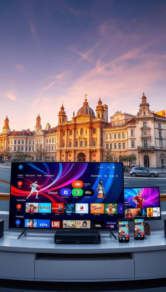 A visually striking panoramic scene showcasing the "IPTV España Premium Services" by the Hoxtoon Provider. In the foreground, a sleek modern interface displays a curated selection of premium content, with vivid colors and high-definition graphics. The middle ground features an array of devices, from smart TVs to mobile phones, seamlessly connected and streaming the premium services. In the background, a cityscape of Madrid skyline with its iconic architecture, bathed in warm golden light, sets the stage for this premium entertainment experience. The overall composition conveys a sense of luxury, technology, and the vibrant Spanish cultural landscape.