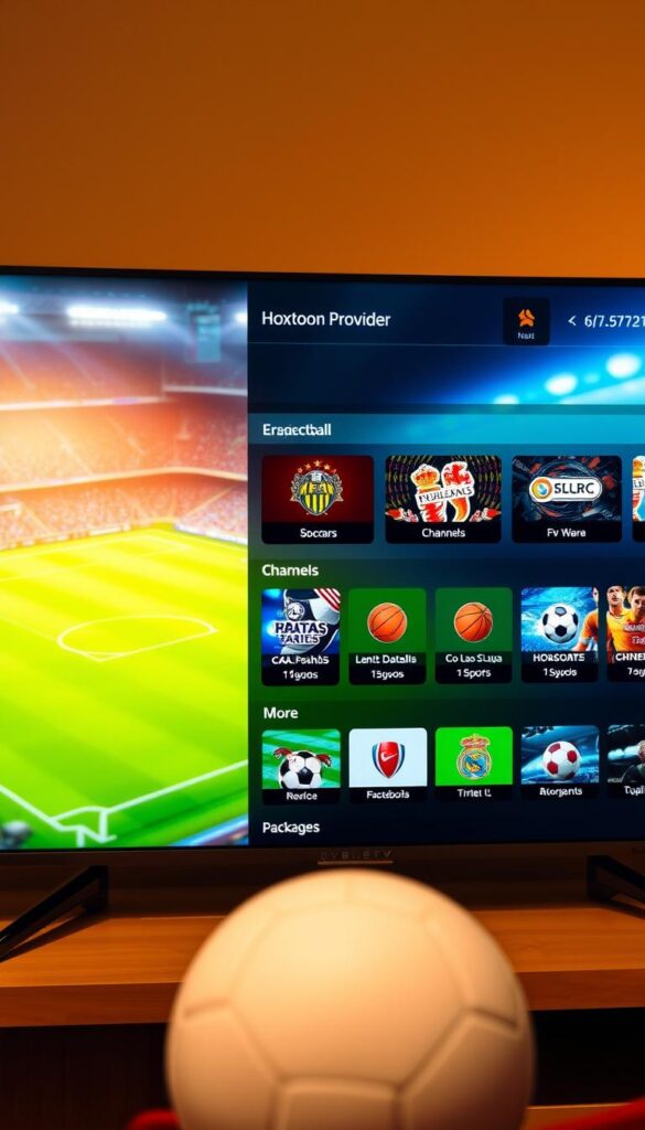 A vivid and detailed IPTV soccer package provided by Hoxtoon Provider, featuring a large display of various sports channels and packages. The image shows a sleek and modern user interface, with a clean layout and high-resolution graphics. The foreground showcases a prominent Hoxtoon Provider logo, while the middle ground displays a variety of sports channels and packages, including soccer, basketball, and more. The background features a blurred, atmospheric sports stadium scene, creating a sense of immersion and excitement. The lighting is warm and inviting, and the overall composition is well-balanced and visually appealing.