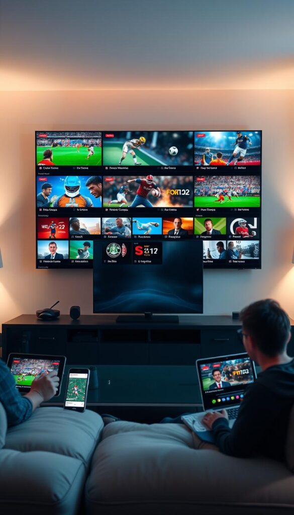 A vivid display of sports channels streaming on multiple digital devices, showcasing the extensive selection of over 21,000+ channels offered by the Hoxtoon Provider. A sleek, modern living room setting with a large, high-definition television in the center, surrounded by a tablet, smartphone, and laptop, all displaying various sports programs and live events. Soft, diffused lighting illuminates the scene, creating a cozy and immersive atmosphere. The devices are arranged in a visually appealing and cohesive composition, highlighting the seamless integration of the Hoxtoon platform across multiple screens. The overall mood conveys a sense of excitement and anticipation for the endless sports entertainment at the user's fingertips.